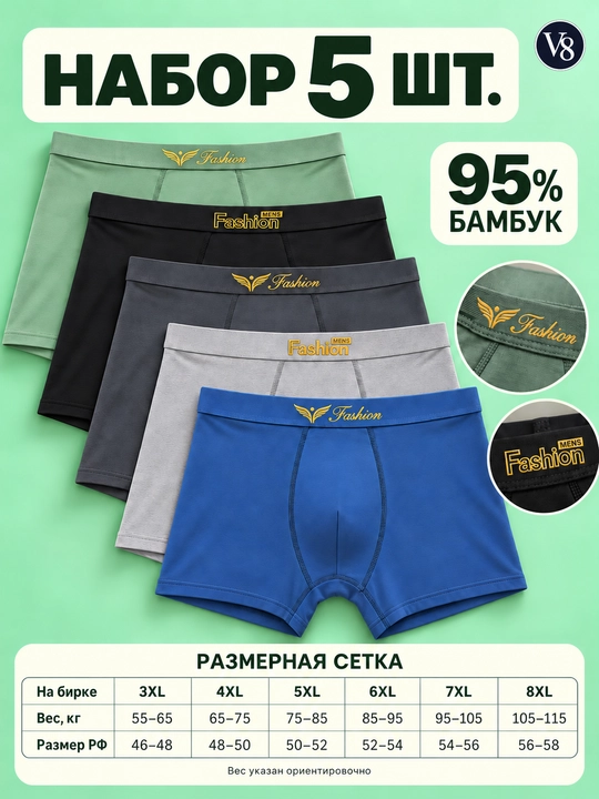 Мужские трусы из бамбука, в наборе, размеры 3XL–8XL , 55-115кг - 