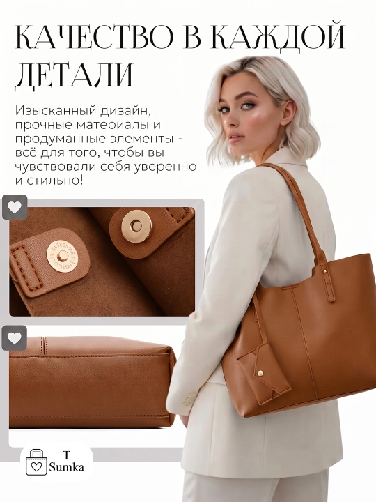Ayollar shopper sumkasi, katta hamyonli, o‘qish va ish uchun mo‘ljallangan, sig‘imli