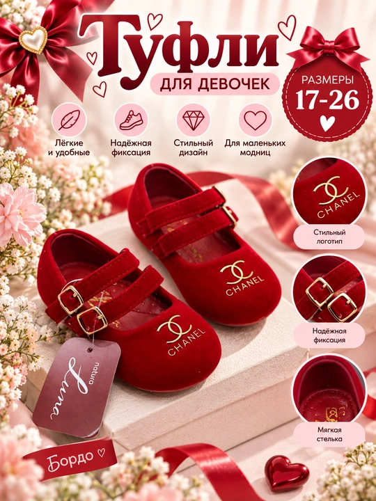 Классические туфли для девочек с двумя ремешками, размеры 17–22