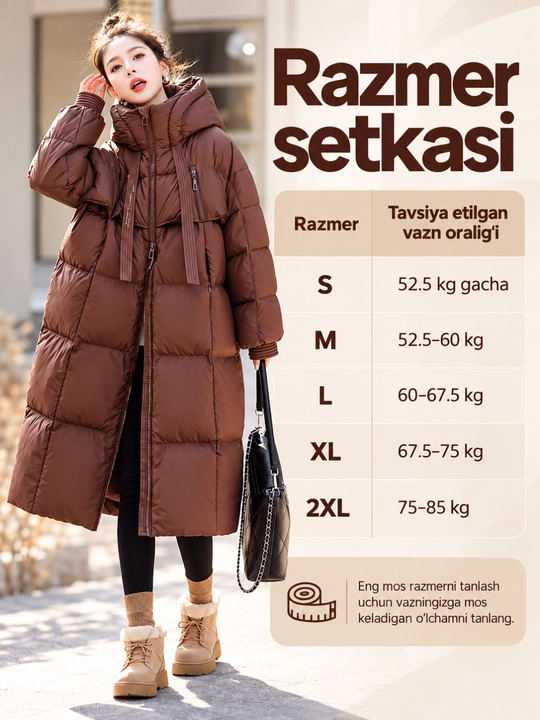Ayollar uchun uzun qishki kurtka, kapyushonli, issiq va qalin, S–2XL