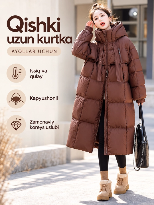 Ayollar uchun uzun qishki kurtka, kapyushonli, issiq va qalin, S–2XL - 