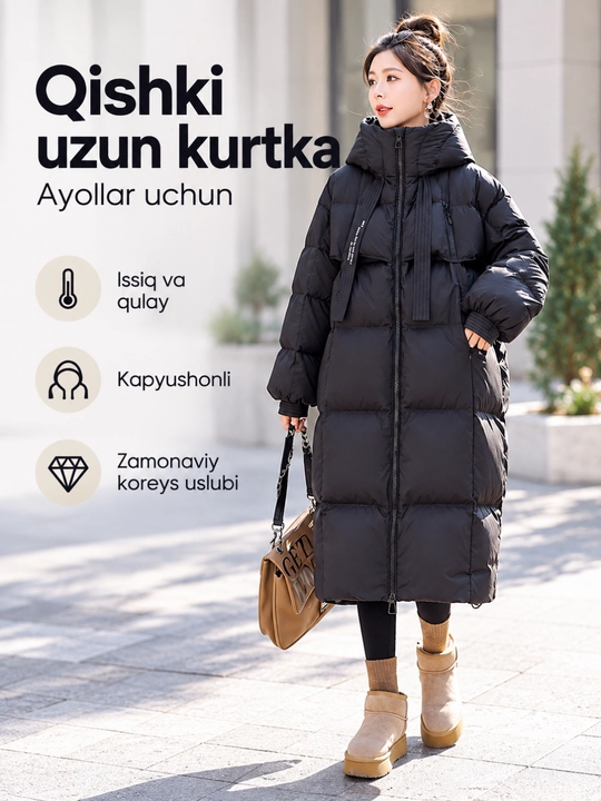 Ayollar uchun uzun qishki kurtka, kapyushonli, issiq va qalin, S–2XL - 