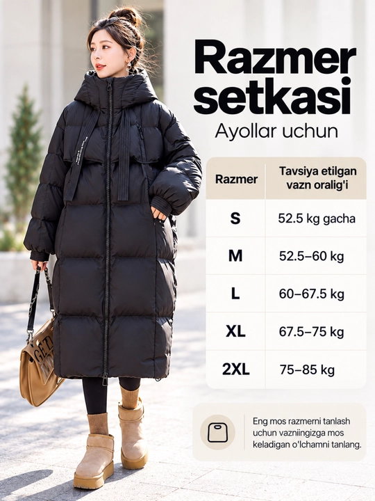 Ayollar uchun uzun qishki kurtka, kapyushonli, issiq va qalin, S–2XL