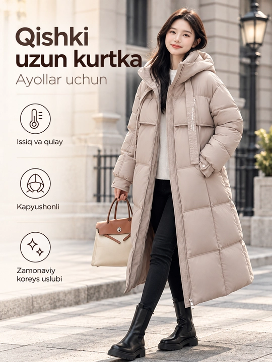 Ayollar uchun uzun qishki kurtka, kapyushonli, issiq va qalin, S–2XL - 