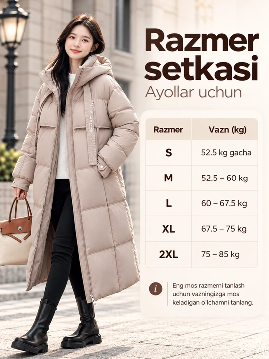 Ayollar uchun uzun qishki kurtka, kapyushonli, issiq va qalin, S–2XL
