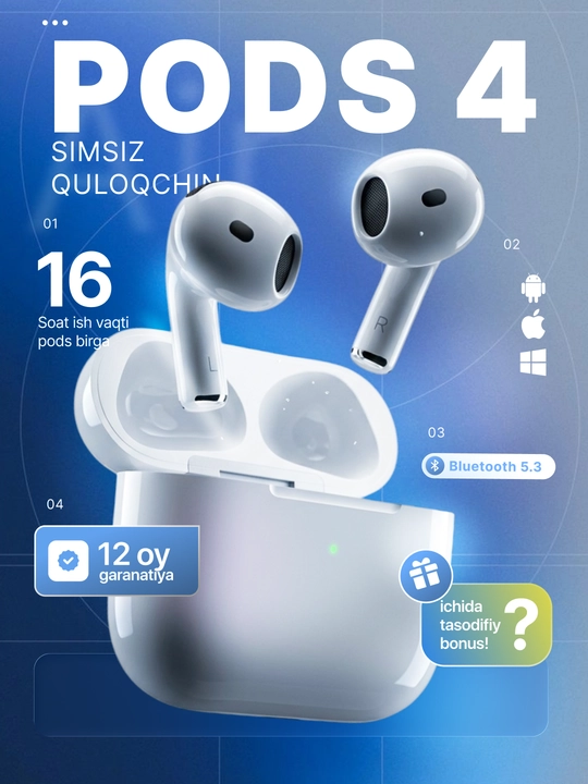 Беспроводные наушники Pods 4 с сенсорным управлением для iPhone и Android - 