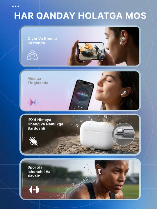 Simsiz quloqchinlar Pods 4, iPhone va Android uchun naushnik sensorli