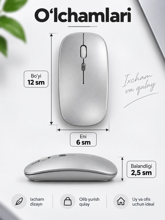 Simsiz RGB sichqoncha, Bluetooth 5.2 va 2.4G, USB adapterli, noutbuk va kompyuter uchun