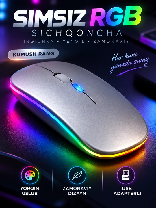 Simsiz RGB sichqoncha, Bluetooth 5.2 va 2.4G, USB adapterli, noutbuk va kompyuter uchun
