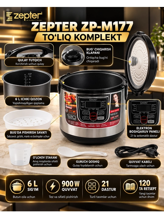 Мультиварка Zepter ZP-M177, 6 л, 900 Вт, 21 программа