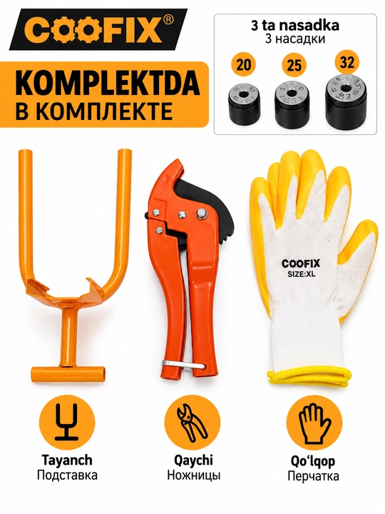 20-32, 20-63 mm nasadkali plastik quvurlar uchun santexnika dazmoli