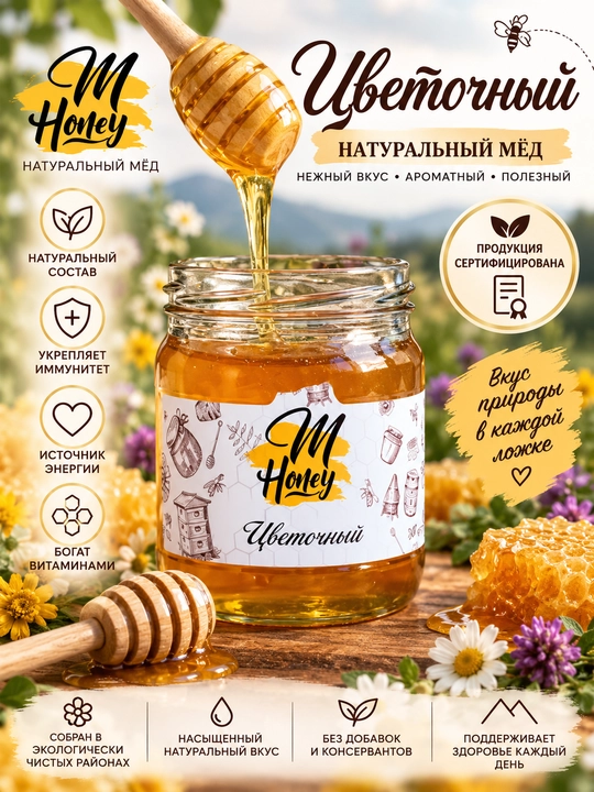 Натуральный мёд M Honey цветочный, 500 г - 