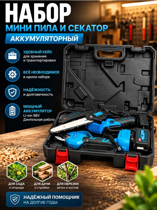 Аккумуляторный секатор и мини-цепная пила 98V, комплект с 2 аккумуляторами и кейсом - 