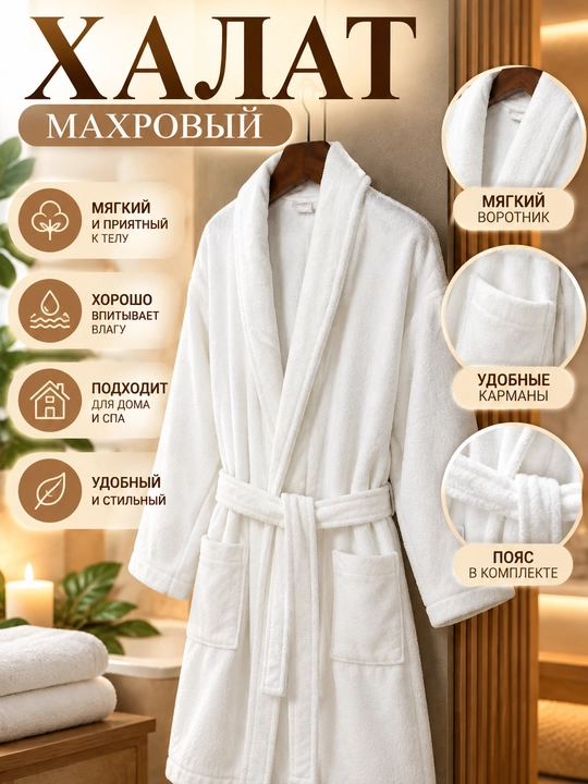 Белый махровый халат, мягкий банный халат с карманами и поясом - 