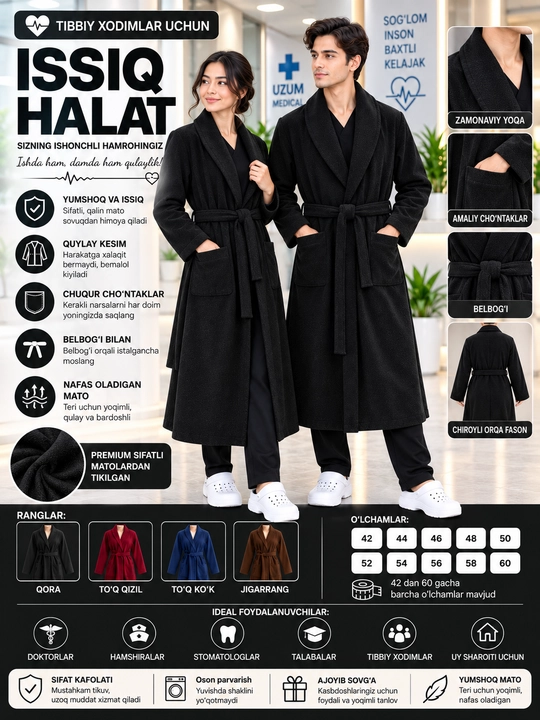Erkaklar va ayollar uchun issiq tibbiy xalat, yumshoq uy xalat-kimono, belbog‘li