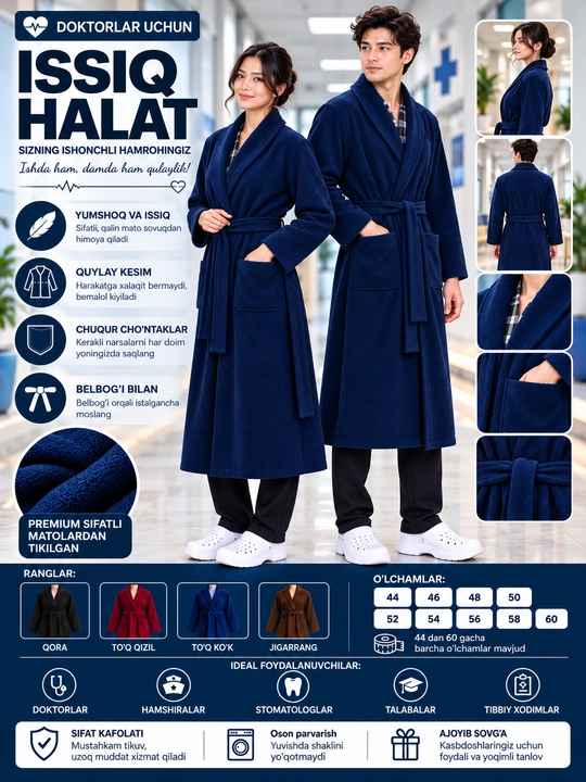 Erkaklar va ayollar uchun issiq tibbiy xalat, yumshoq uy xalat-kimono, belbog‘li