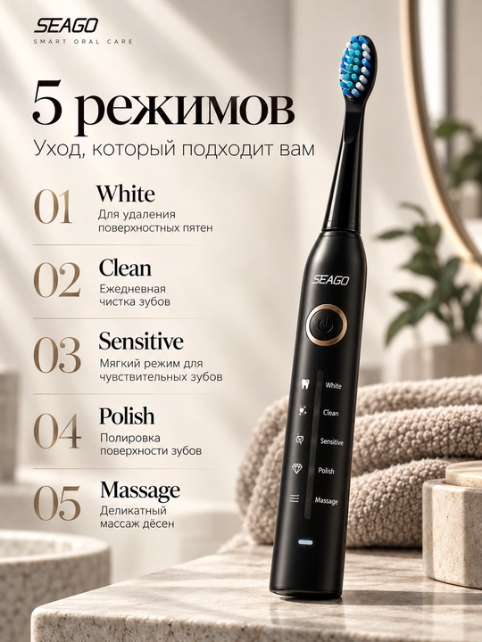 Elektrik Tish Cho‘tkasi, 5 Rejimli, 8 Nasadkali, IPX7