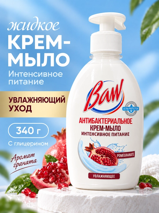 Suyuq krem-sovun BAW, anor hidli, antibakterial, dozatorli, 340 g - 