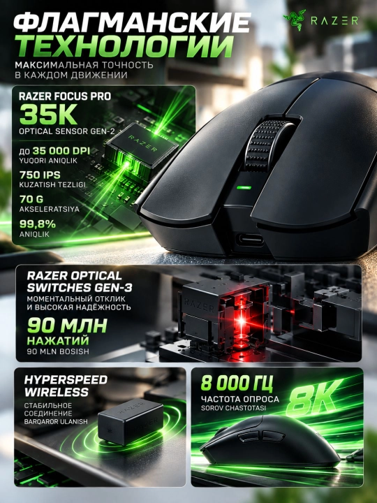 Беспроводная игровая мышь Razer Viper V3 Pro Black, 35000 DPI, 8000 Гц, с гарантией