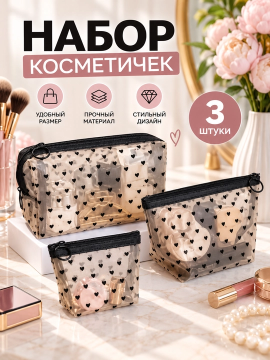 Косметичка прозрачная, женская косметичка сеточная, мини косметичка с сердечками - 