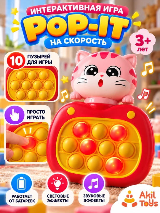 Interaktiv elektron Pop-It, yorug‘lik va tovushli batareyali o‘yinchoq, 10 ta pufak