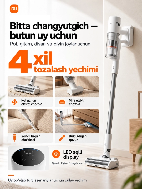 Вертикальный беспроводной пылесос Mijia Vacuum Cleaner 4C,4,4 Pro, до 90 мин работы