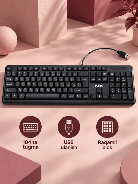 JITE KB-102 simli USB klaviatura, kompyuter uchun qora, raqamli blokli klaviatura