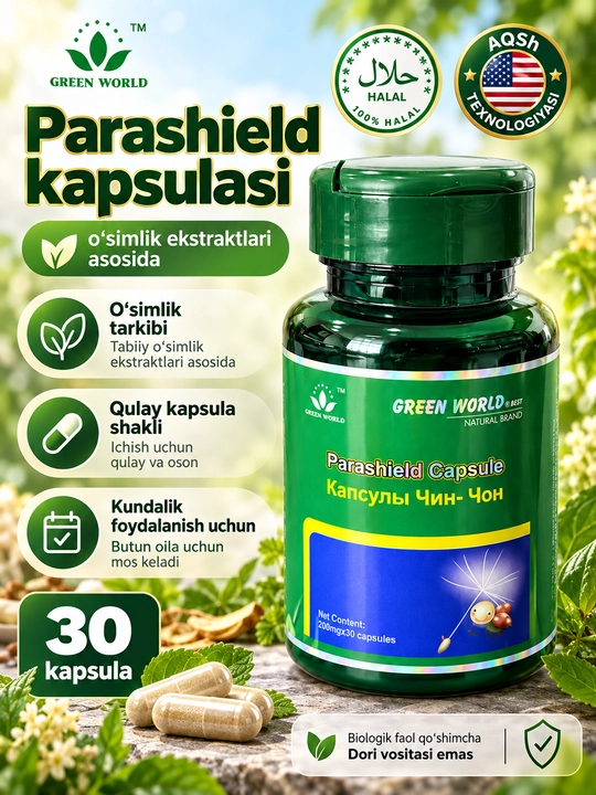 Parashield Green World Chin-Chon, astragal, qizilmiya va o‘simlik ekstraktlari, 30 kapsula - 