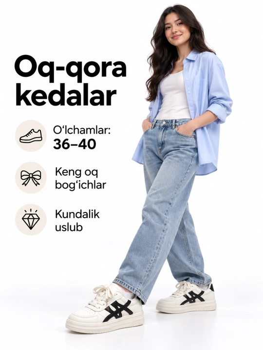 Ayollar va qizlar uchun oq-qora kundalik krossovka, bog‘ichli, 36–40 o‘lcham