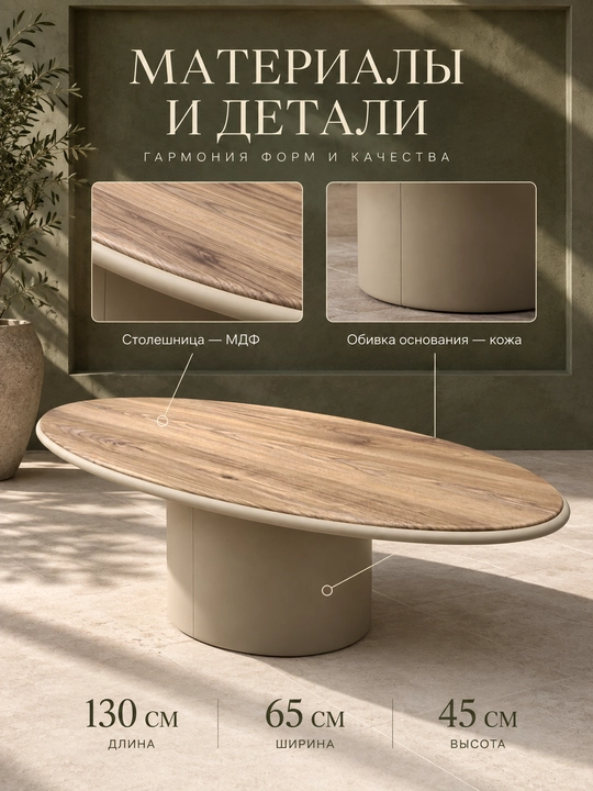 Oval jurnal stoli, MDF ustki qismli, koja qoplamali taglik, 130 × 65 × 45 sm