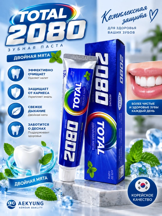 ЗУБНАЯ ПАСТА С ДВОЙНОЙ МЯТОЙ, СВЕЖЕСТЬ И ЕЖЕДНЕВНЫЙ УХОД, 120 Г TOTAL 2080