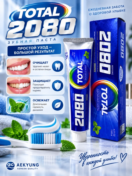 ЗУБНАЯ ПАСТА С ДВОЙНОЙ МЯТОЙ, СВЕЖЕСТЬ И ЕЖЕДНЕВНЫЙ УХОД, 120 Г TOTAL 2080