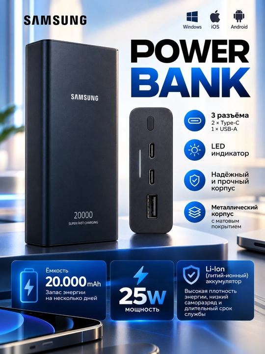 Внешний аккумулятор Samsung емкостью20000мА·ч—сверхбыстрая зарядка 45Вт/25W + кабельType-C - 