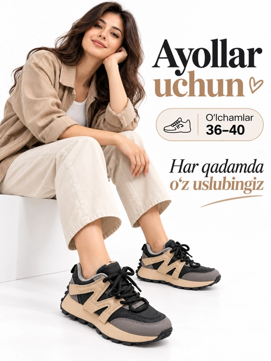 Ayollar va qizlar uchun bog‘ichli krossovka, 36–40, ranglar uyg‘unligi