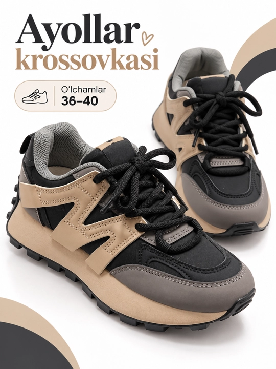 Ayollar va qizlar uchun bog‘ichli krossovka, 36–40, ranglar uyg‘unligi - 