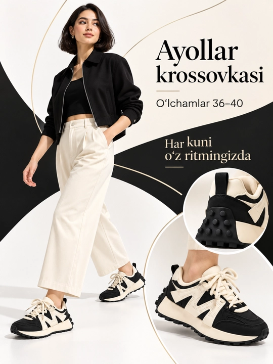 Ayollar va qizlar uchun bog‘ichli krossovka, 36–40, ranglar uyg‘unligi