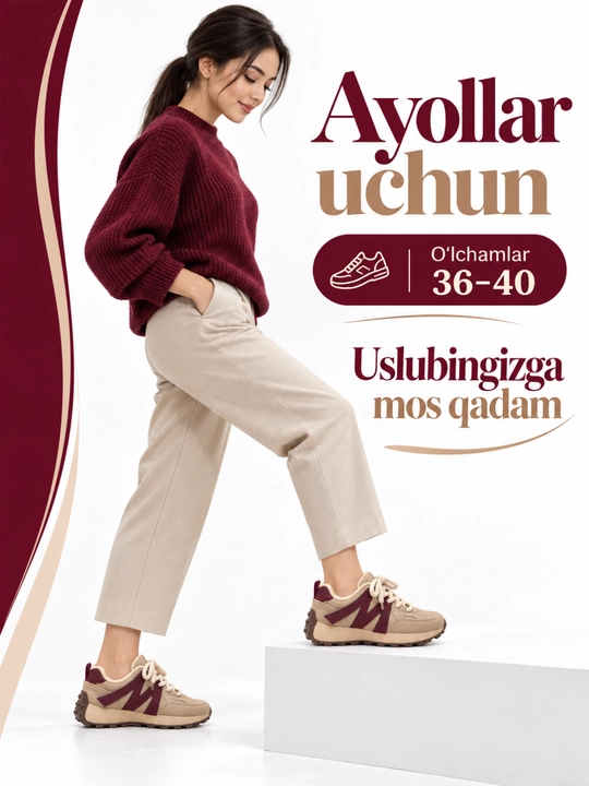 Ayollar va qizlar uchun bog‘ichli krossovka, 36–40, ranglar uyg‘unligi