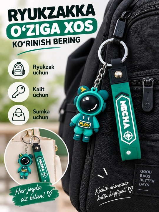Kalitlar, sumka va ryukzak uchun tasmali va multqahramon figura tushirilgan silikon brelok