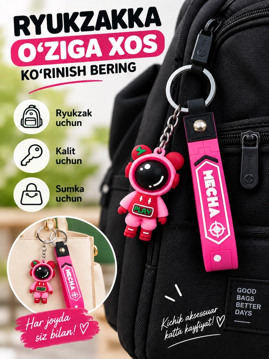 Kalitlar, sumka va ryukzak uchun tasmali va multqahramon figura tushirilgan silikon brelok