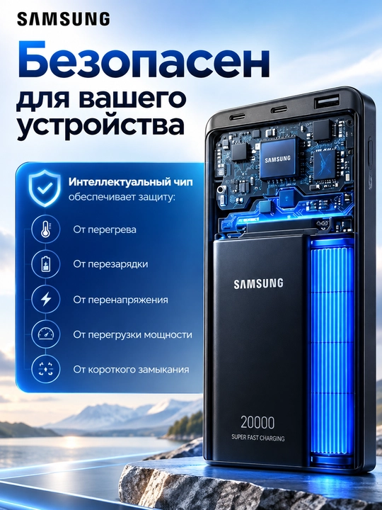 20000mA·soat sig‘im Samsung Power bank - 45 Vt/25W tez zaryadlash imkoniyati+Type-C kabeli