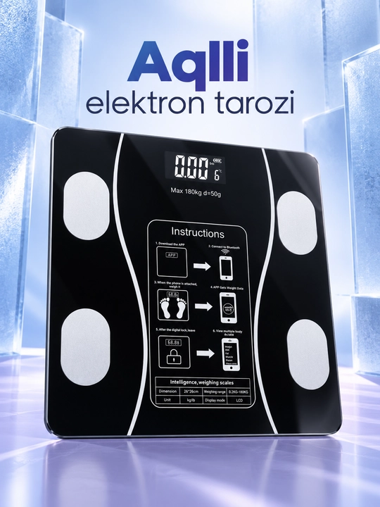 Aqlli elektron tana tarozisi, Bluetooth va ilova bilan, 180 kg gacha, 26×26 sm