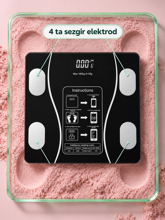 Aqlli elektron tana tarozisi, Bluetooth va ilova bilan, 180 kg gacha, 26×26 sm