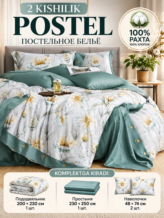 2 kishilik va polutorka yotoq to‘plami, 100% paxta va Tencel, turli dizaynlar - 