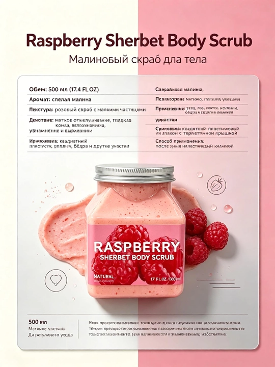 Malinali sorbet skrab 500ml, dushda teri tozalash, xiralikni yo'qotish