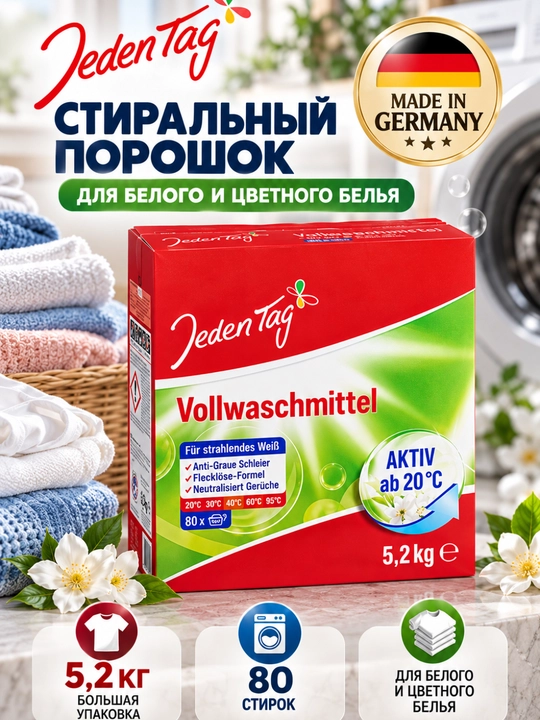 Kir yuvish kukuni Jeden Tag Vollwaschmittel, 5,2 kg, 80 marta yuvish - 