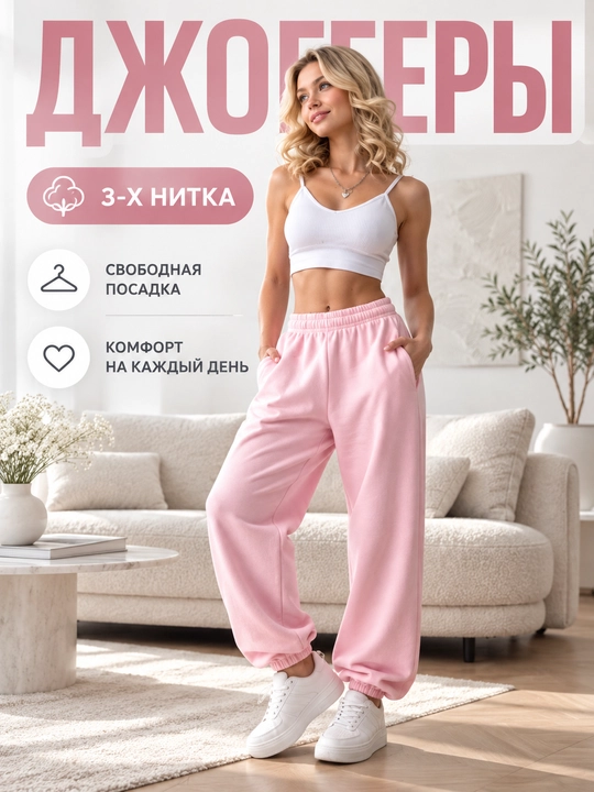 Штаны спортивные, плотные, багги, оверсайз, 3х нитка - 