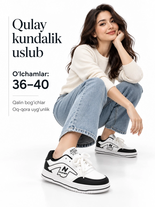 Ayollar va qizlar uchun oq-qora keda, bog‘ichli kundalik krossovka, 36–40