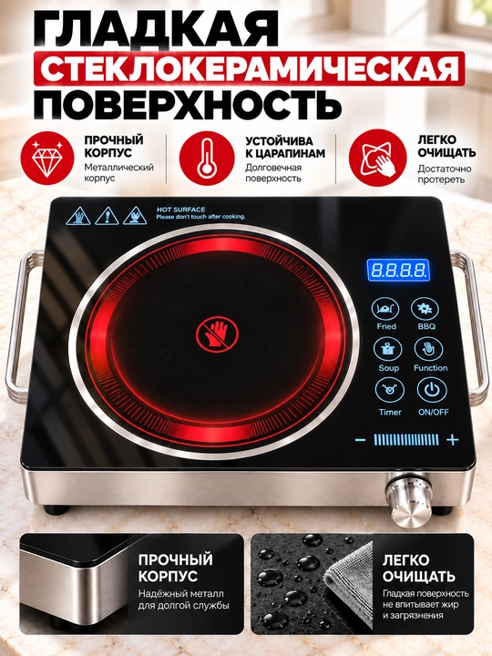 Elektr plita, 3500 Vt, 3 rejimli, taymer va quvvatni sozlash imkoniyatiga ega