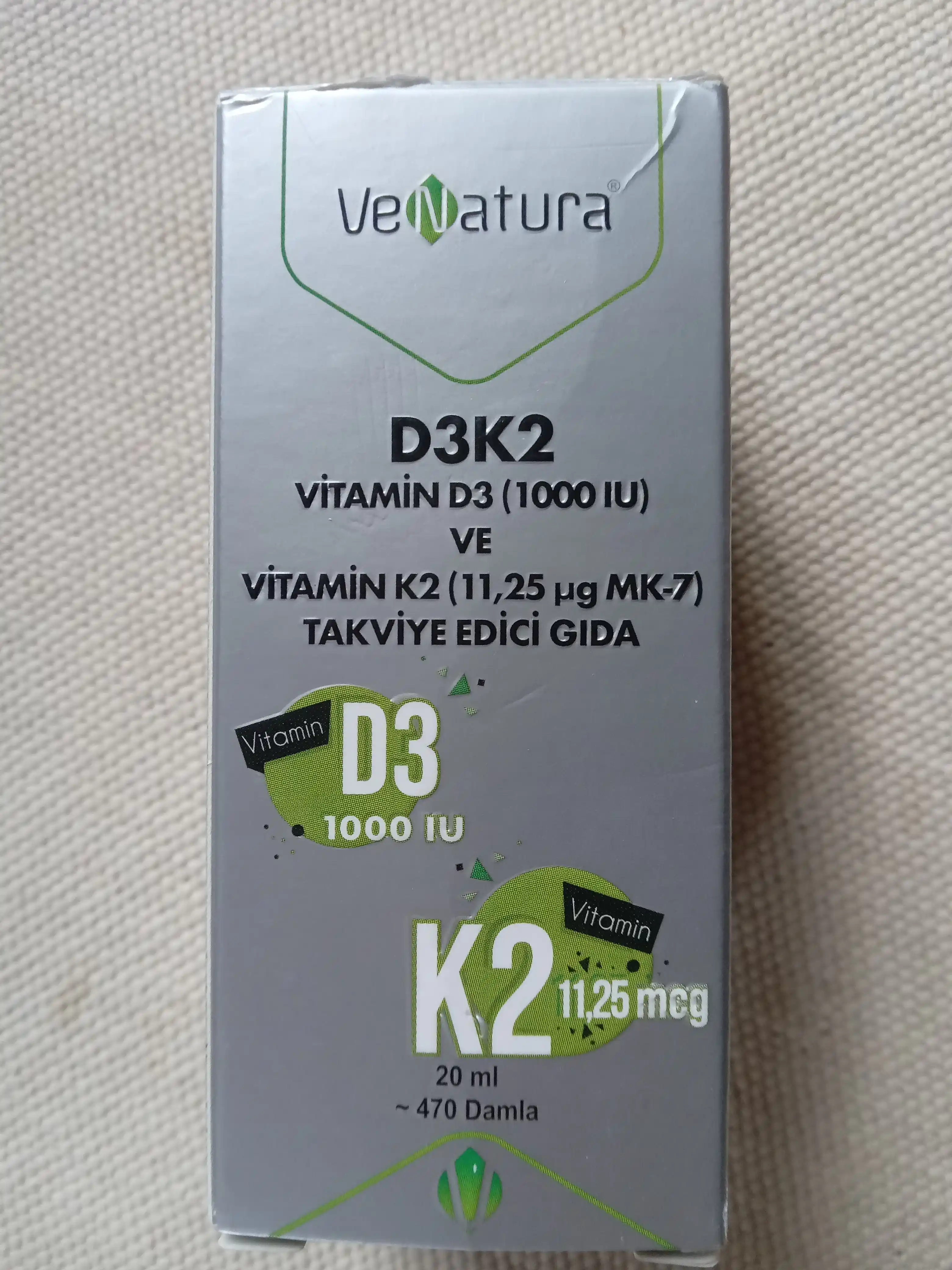 Venatura Vitamin D3 K2 Tomchi 1000 IU, immunitet, suyak, tish va soch muammolari uchun