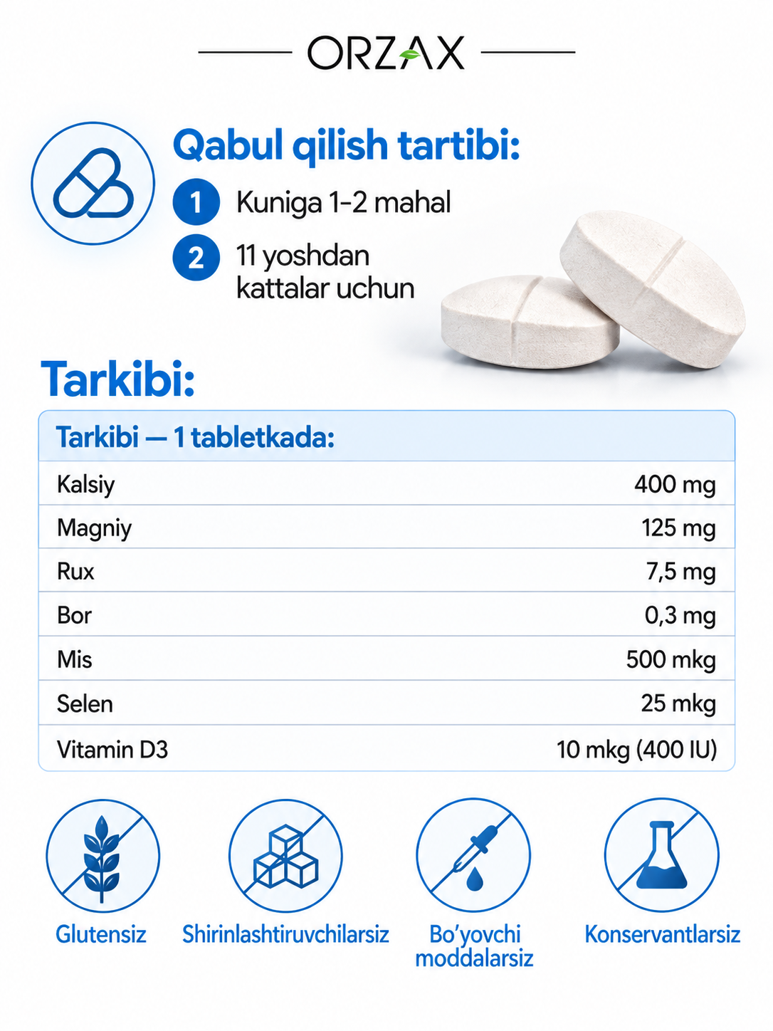 Ocean OsteoFine — kalsiy, magniy, D3, suyak va bo‘g‘imlar uchun, №60, Halol